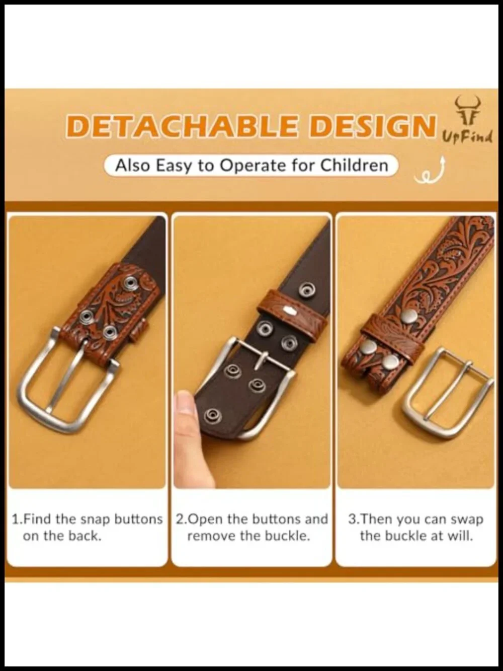 Boys Western Leather Belt with Pin Buckle, Engraved Cowboy Belt for School,